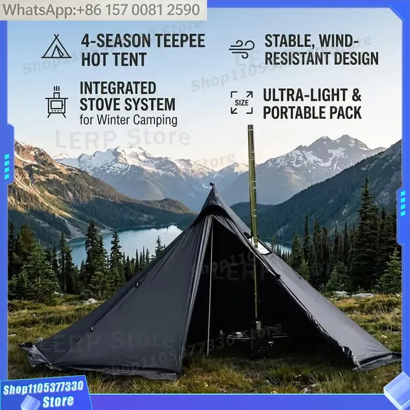 Breathable Two Bedrooms Pyramid Tent with Top Vent & Stove Jack 1.6m Hot Tent for Camping Waterproof Four-Season Outdoor
