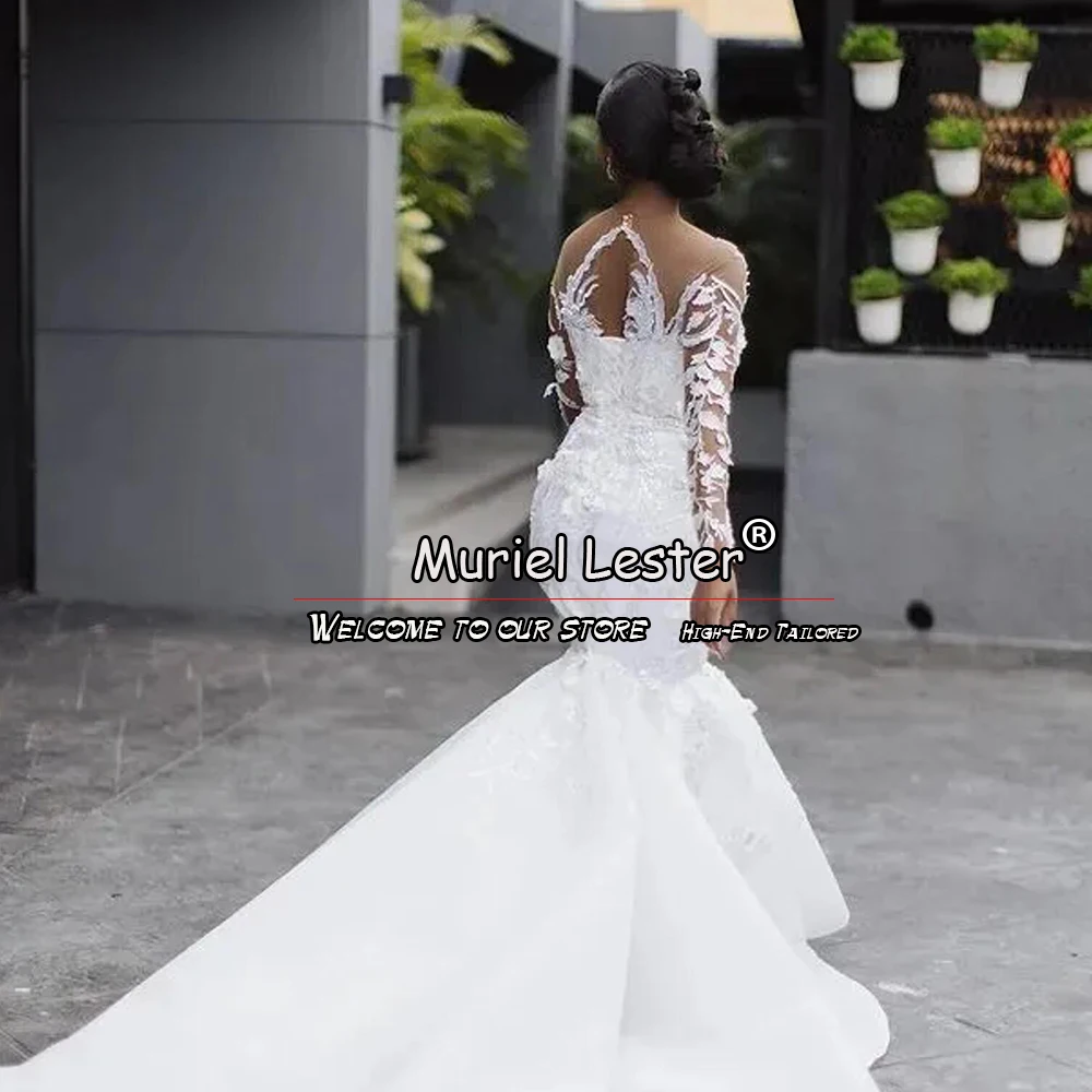 African Mermaid Wedding Dresses Plus Size White Appliques Beading Bridal Gowns Long Sleeve Bride Formal Party Dress Customized