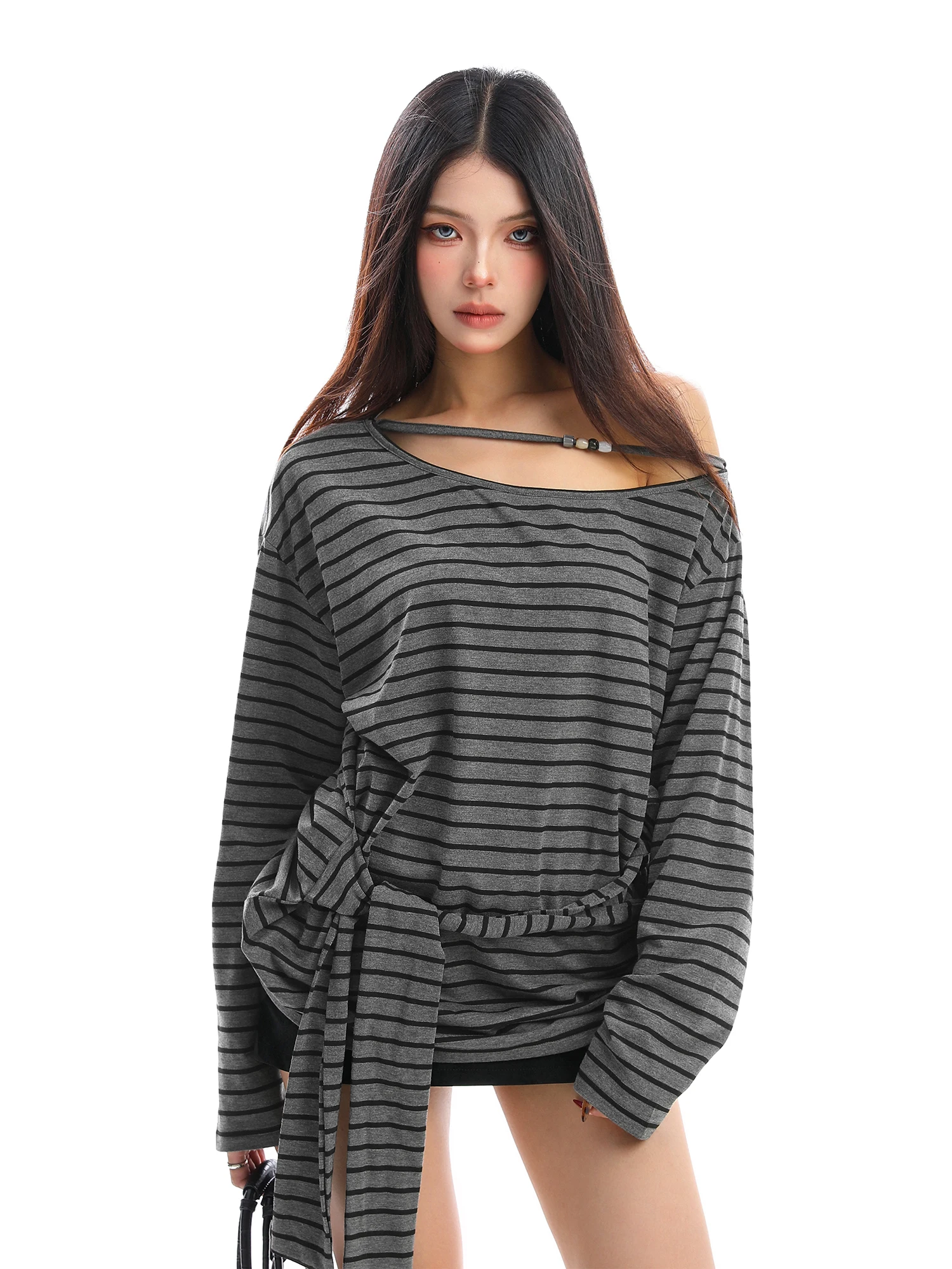 

Корейский дизайн, полосатая футболка с длинным рукавом, женский свободный топ для похудения, осенний повседневный модный трендовый хлопковый топ в стиле Biggold