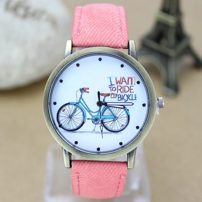 Neue Mode Fahrrad Frauen Uhr Jean Stoff Lederband Kleid Damen Casual Quarz Uhren Relogio Feminino