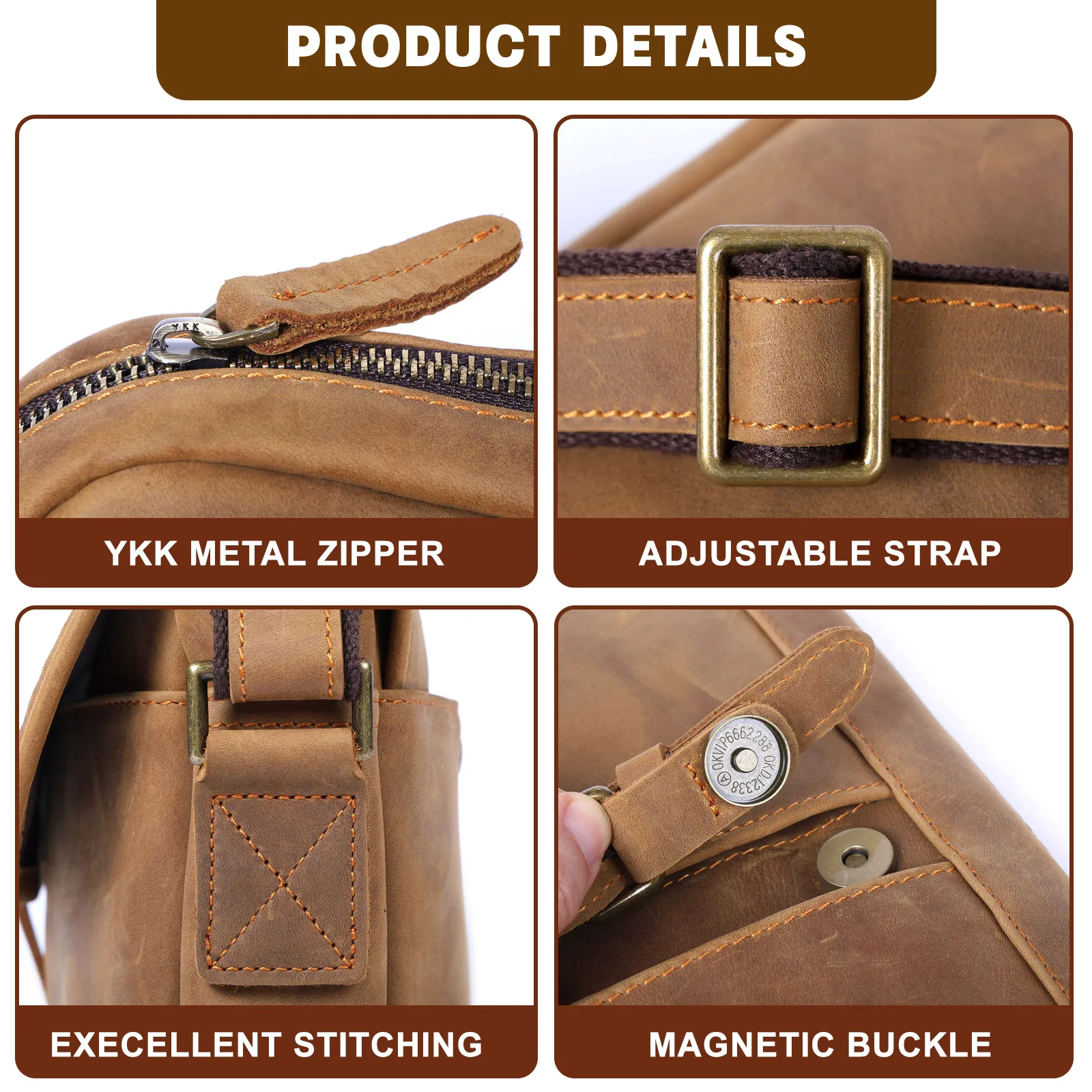Echte Leder-Umhängetasche 11" Vintage Herren-Umhängetaschen Crazy Horse Leder Schultertasche Rindsleder Retro Mode Casual Pre – Detail 9