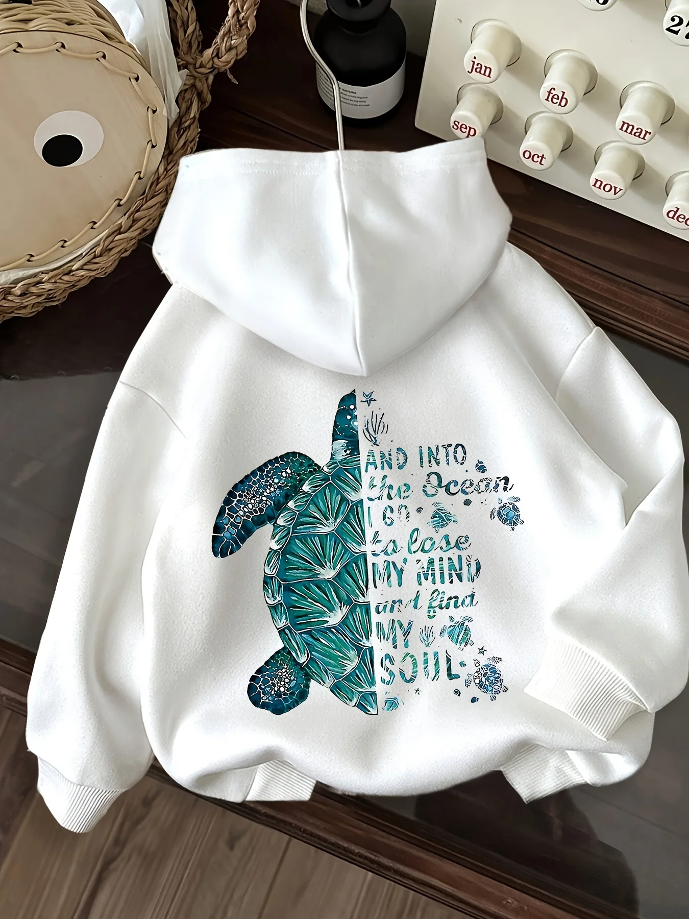 Women'S Hoodie Back Blue Green Watercolor Sea Turtle Coral Starfish Ocean Inspirational English Print Ocean Theme Spring Autumn Loose Drop Shoulder Top for Outdoor Daily Wear