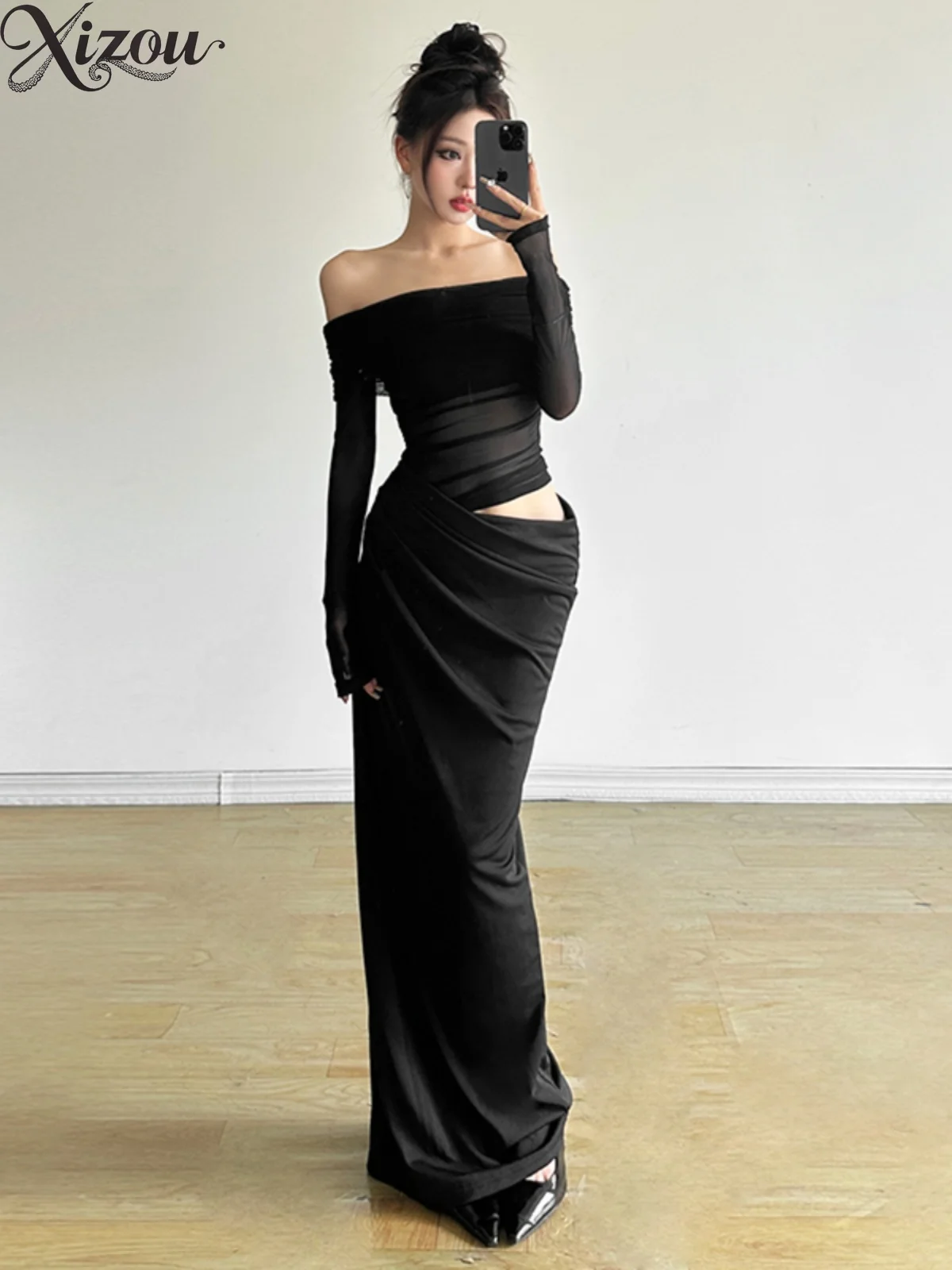 

Sexy Mesh Splicing Hollow Waist Skinny Shoulder Elegant Dresses for Women New Fashion Spring and Autumn Long Sleeve Dress Female