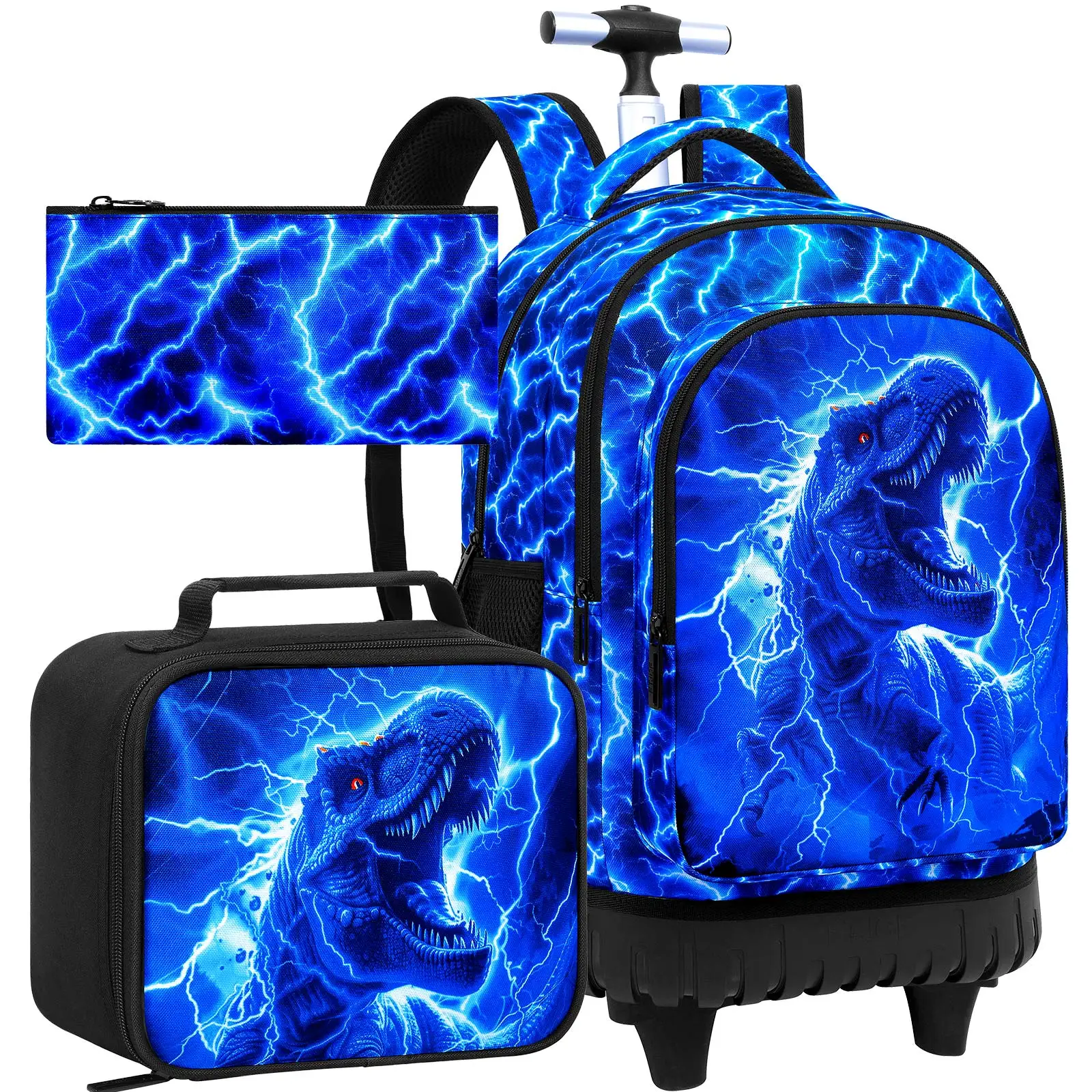 

21 Inch Kids Rolling Backpack 3Pcs Set Blue Lightning Dinosaur Trolley School Bag with Lunch Box Pencil Case Wheeled Backpack fo