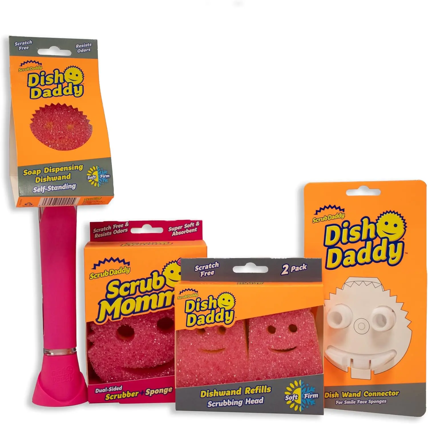 

Dish Wand with Soap Dispenser, Texture Changing Sponge & Dual Sided Scourers - Pink