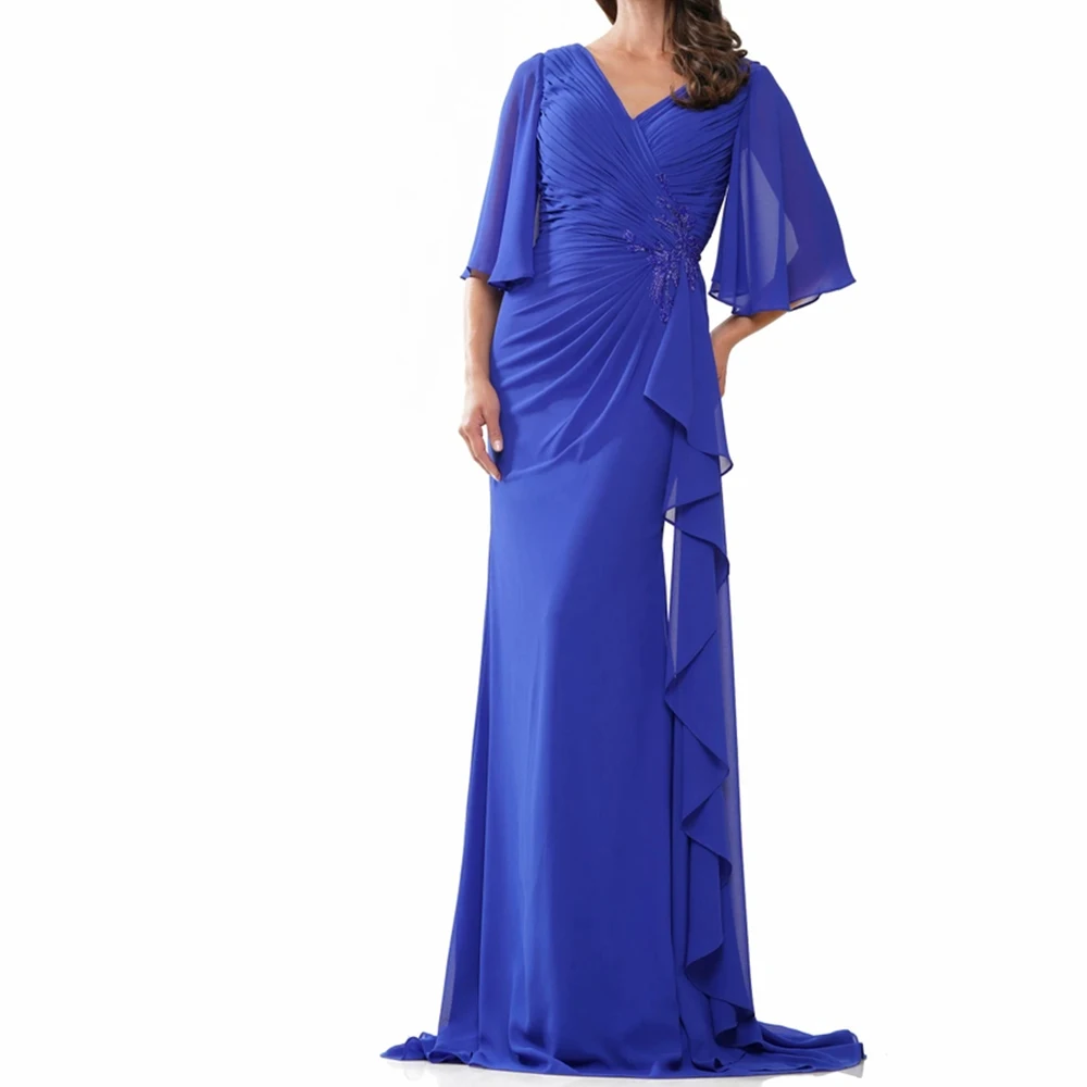 Customized Classic Panel Train Pleats Crystal Evening Dresses Temperament Straight V-Neck Half Sleeves Chiffon Blue Party Gowns