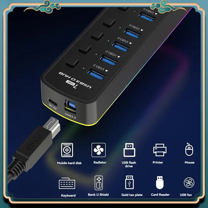 (New)-RGB USB 3.0 Hub 7 Ports USB Port Adapter 5Gbps Individual On/Off Switch Splitter Gaming USB Hub For Laptop PC Computer