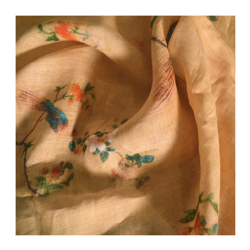 Puur linnen doek Lente en zomer Ramee-stof Plantvezeljurk Cheongsam-kleding Vogelafdrukken
