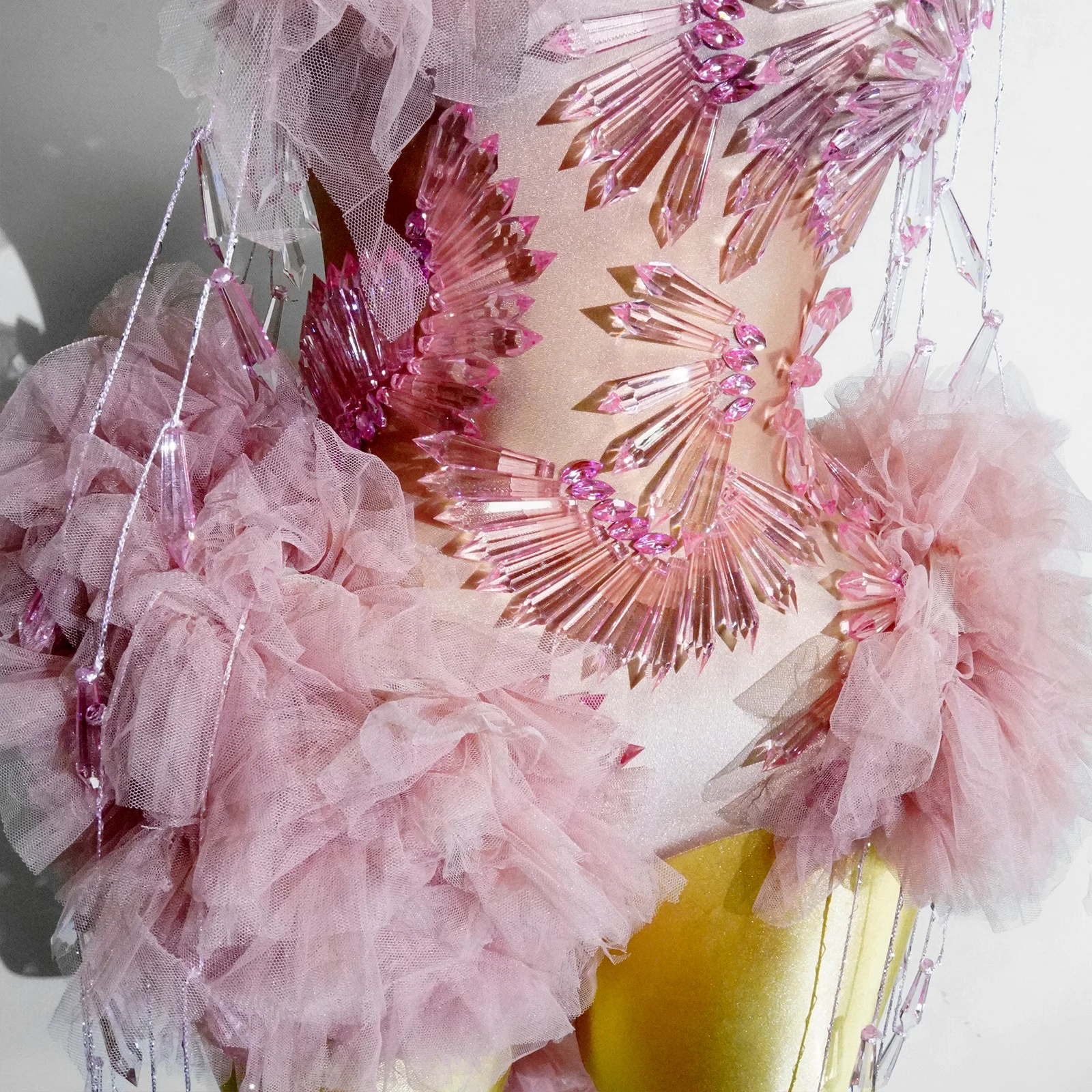 Sexy Pink Crystal Mesh Bodysuit Latin Dance Prom Girls Clothes Birthday Party Nightclub Stage Wear Performance Drag Queen Outfit