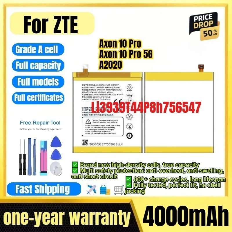Li3939T44P8h756547 for ZTE Axon 10 Pro/Axon 10 Pro 5G/A2020 Phone Battery 0Cycle High Capacity Battery Replacement Bateria Tools