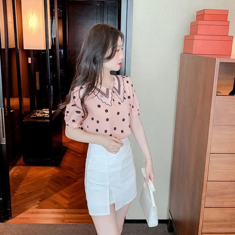 

Элегантная уникальная стильная женская летняя шифоновая рубашка с коротким рукавом в горошек