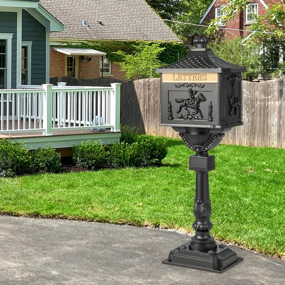 Cast Aluminum Mailbox with Post, Heavy Duty Postal Mail Box w/ 2 Keys & Baffle Door, 4 Expansion Bolts, Address Panel