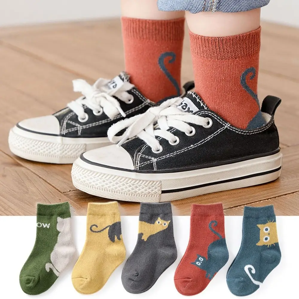5 Pairs Cotton Crew Socks Comfortable Cat Design Toddler Mid-Calf Socks Spring Autumn Breathable Children's Socks