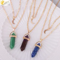 CSJA Layered Crescent Moon Necklace Healing Crystal Natural Stone Hexagon Pendant Gold Color Necklaces Jewelry for Women H039