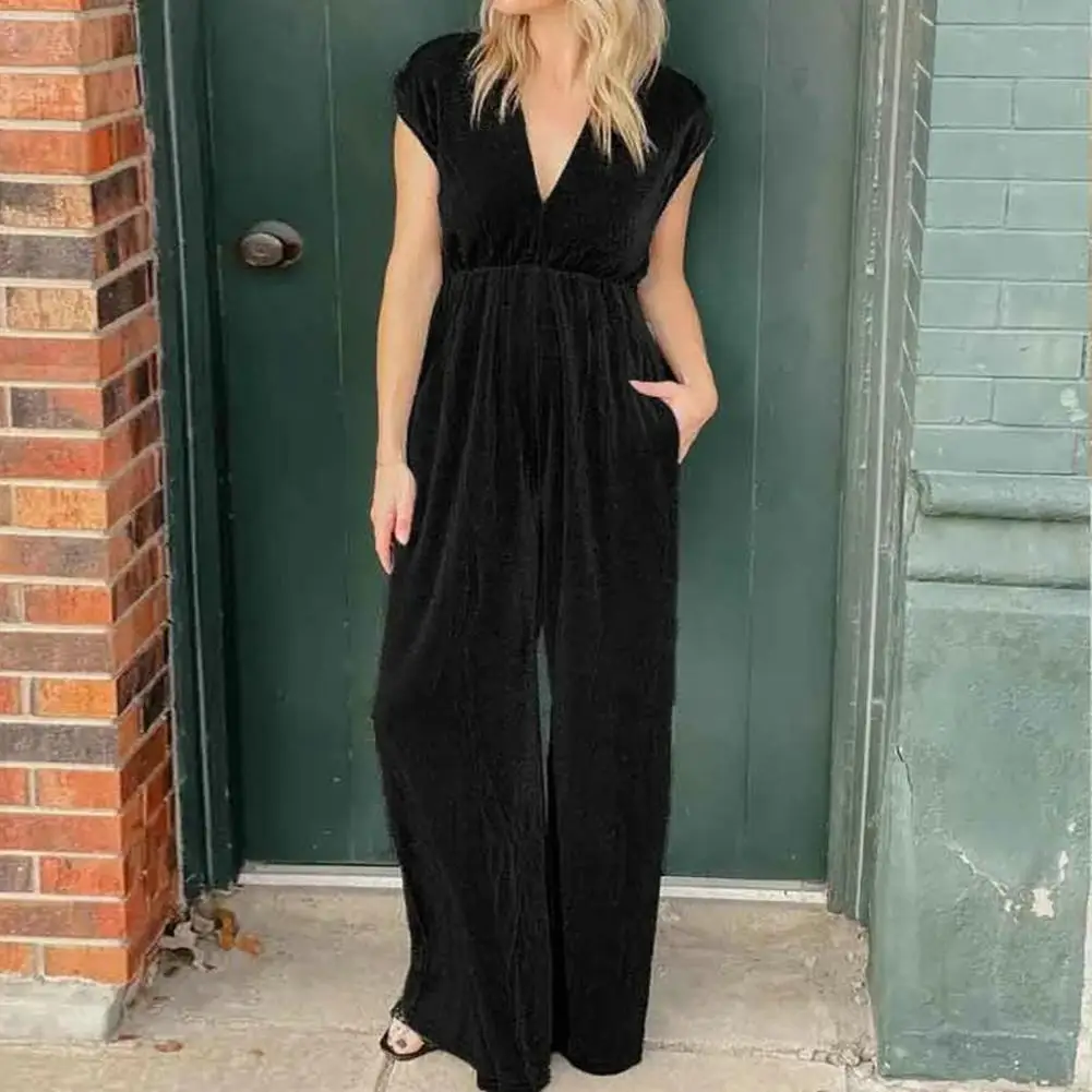 

Women Wide-leg Jumpsuit Women Jumpsuit Elegant V-neck Summer Jumpsuit with Wide Leg Pleated High Waist for Women Short Sleeve