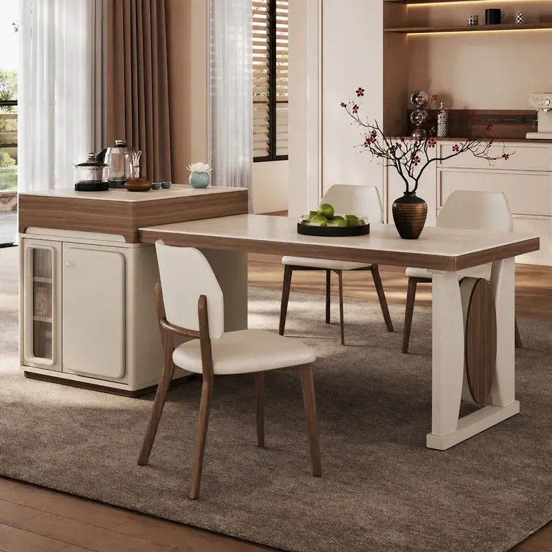 Cream Style Island Dining Table with Built-in Induction Cooker Retractable Design Smart Voice Control Multi-functional Home