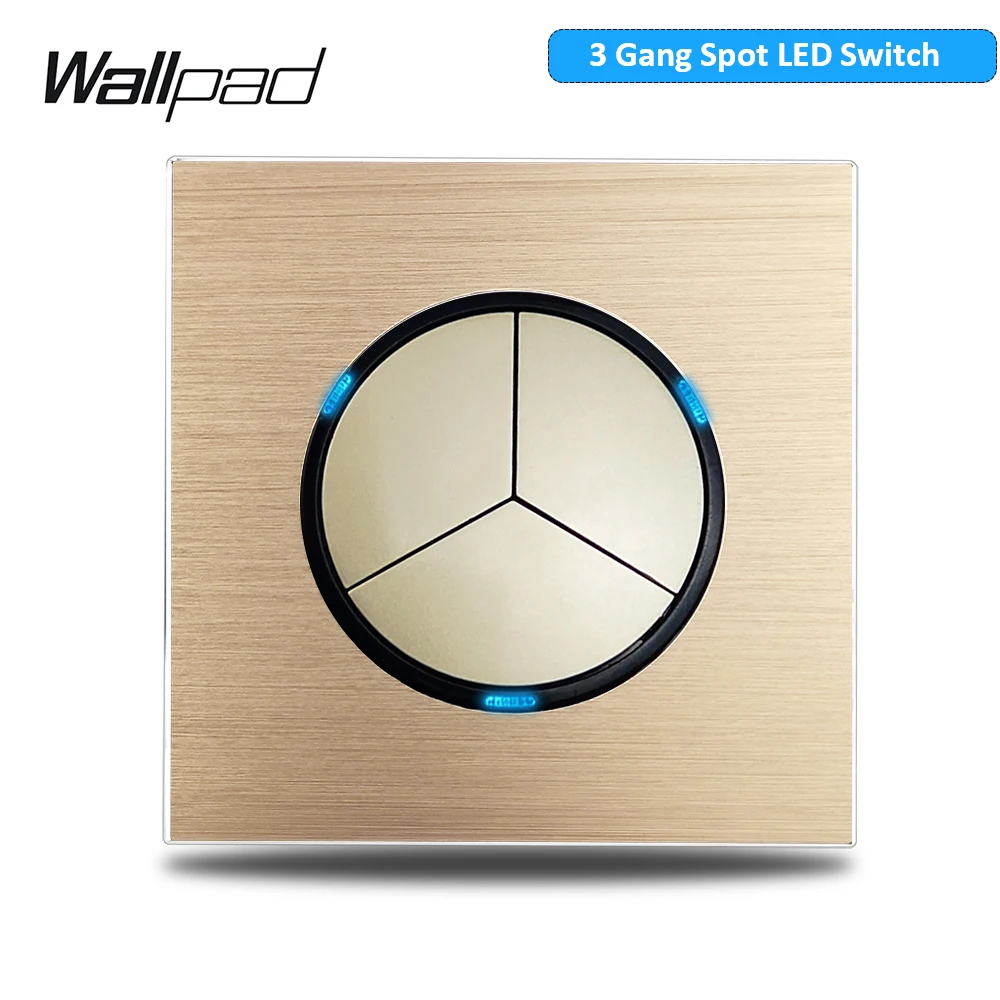 Wallpad gouden wandlichtschakelaar met ronde LED-nachtlampknop 1 2 3 4-voudig geborsteld aluminium metalen paneel, dimmer