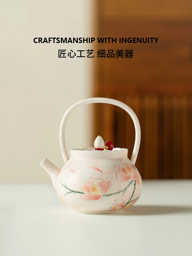 Household Hand-Painted Magnolia Loop-Handled Teapot Ceramic Tea Cup Anti-Scald Kung Fu Set for One Person