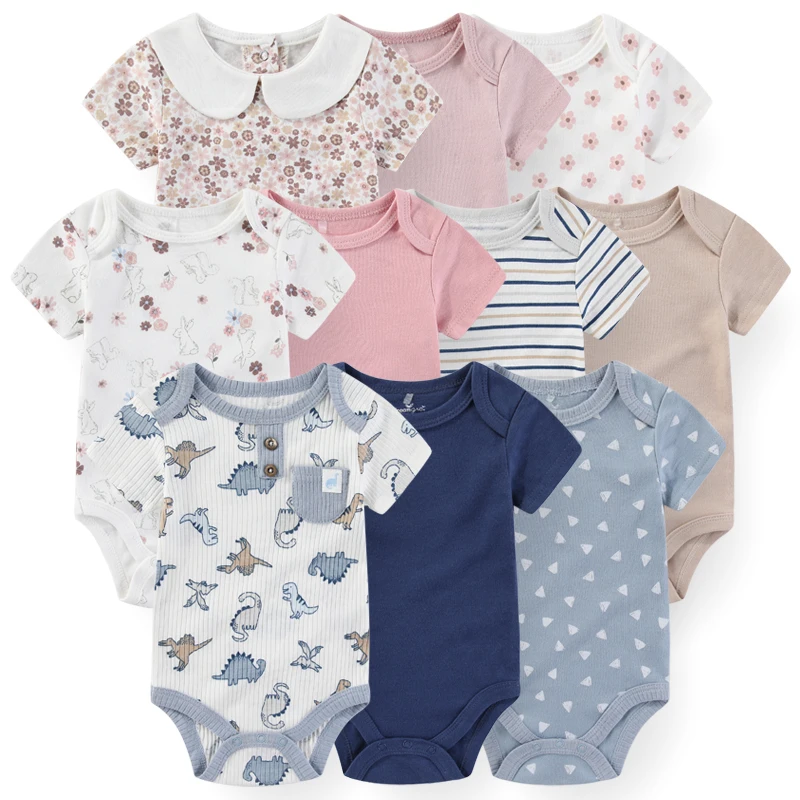 Unisex Bodysuits 4/5PCS Cotton Newborn Baby Girl Clothes Set Short Sleeve Print Baby Boy Clothes Summer Solid Color Bebes