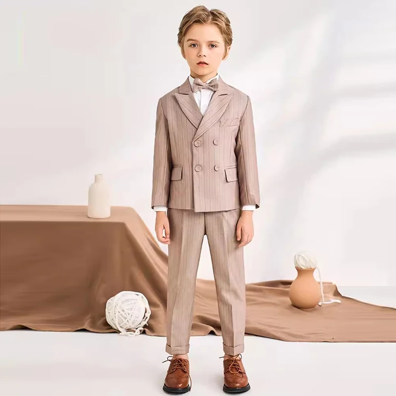 

Children's Khaki Striped Suit Set Boys Blazer Vest Pants Bowtie Clothes Kids Wedding Birthday Photography Party Costume