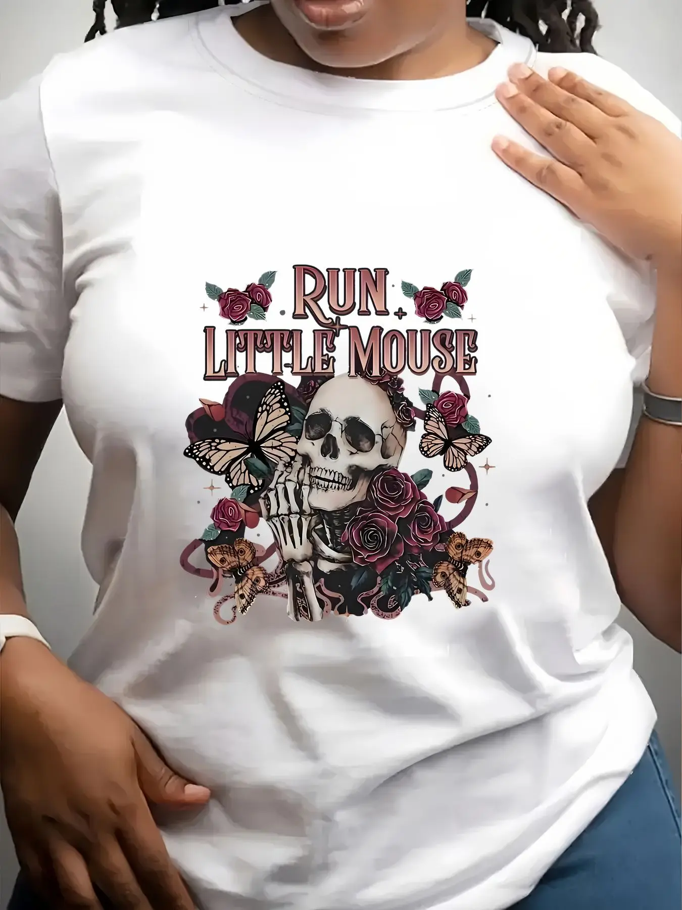 Women's Trendy Crew Neck T-Shirt Run Little Mouse Skull Roses Butterflies Suitable for Casual Sportswear