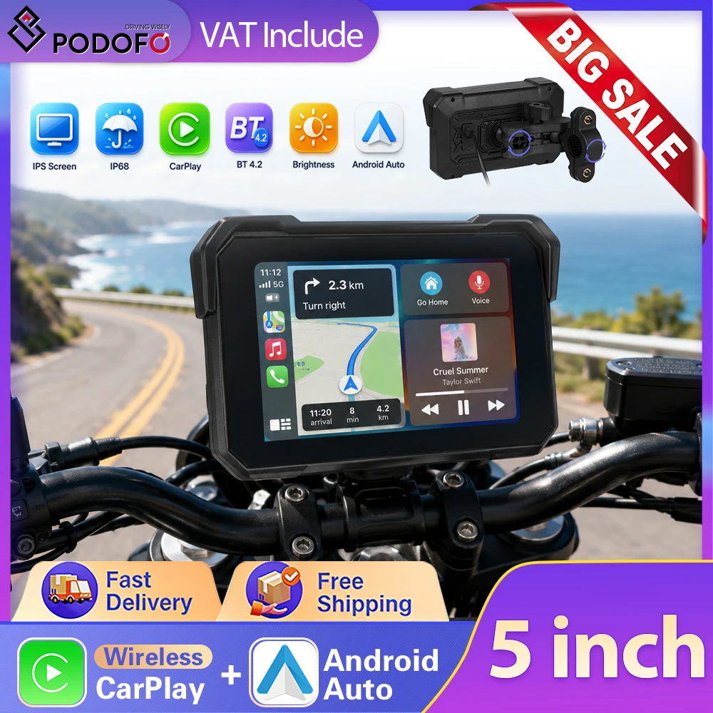 Podofo 5 Zoll IPS Motorrad-Smart-Player, tragbarer, kabelloser CarPlay Android Auto-Motorradmonitor, Carplay DVR GPS, IP68 wasserdicht, BT5.0 EQ-Monitor, unterstützt Reifendruckerkennung, digitales
