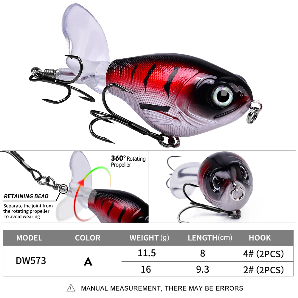 PROBEROS1PC Whopper Popper Topwater Angelköder – künstlicher harter Köder mit weichem rotierendem Schwanz für Barsch-Angelgeräte
