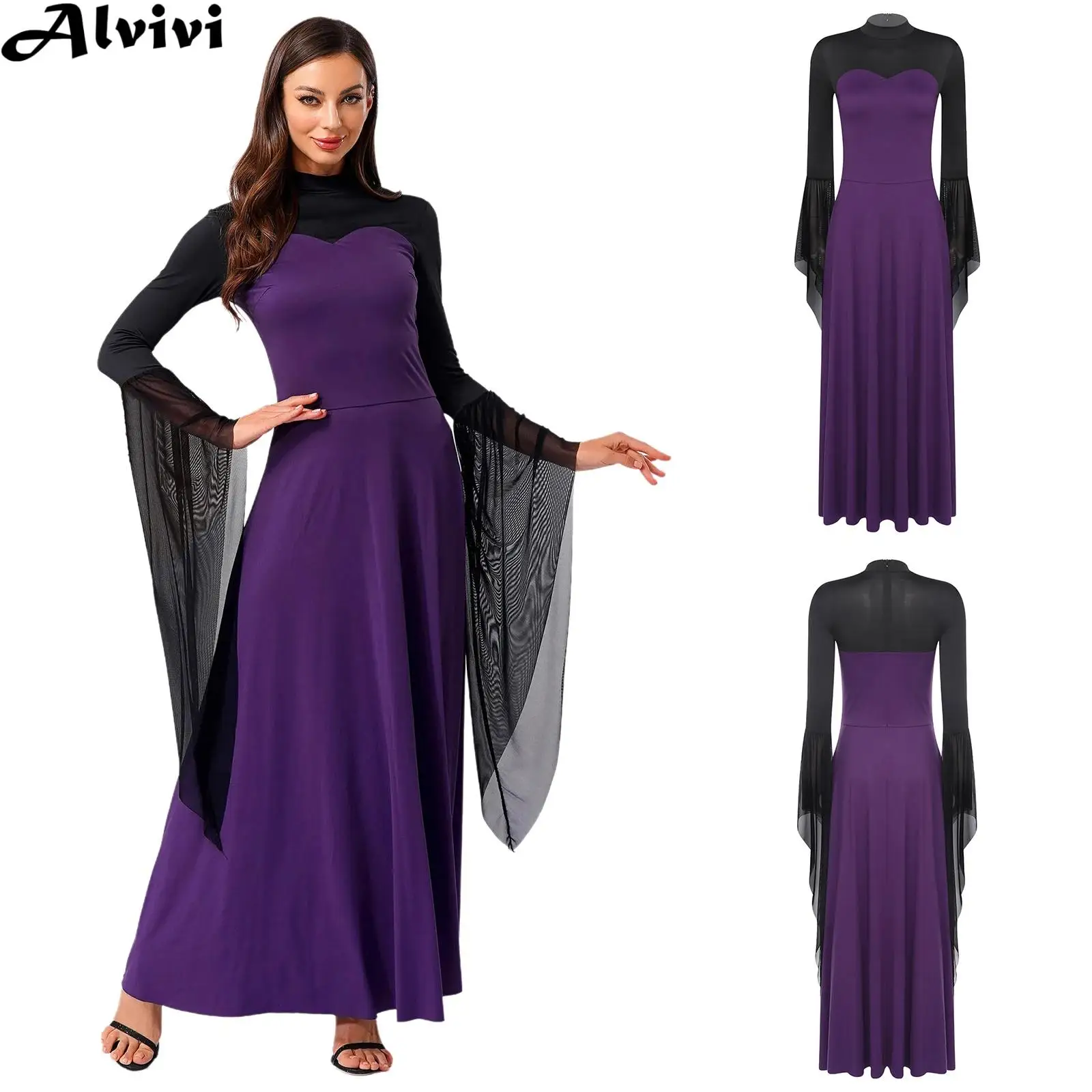 

Women Flare Long Sleeve Mesh Cuffs Maxi Dress Halloween Wicked Queen Witch Vampire Cosplay Costume for Carnival Theme Party