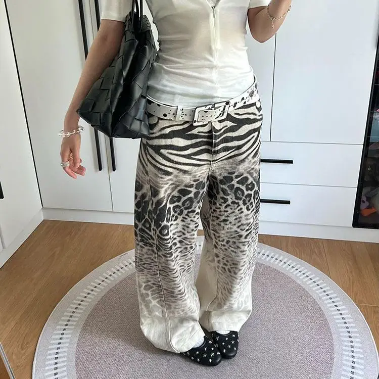 Plus-size Design Leopard Print Gradient Print Jeans Women's Fashion Loose Straight Floor-length Trousers