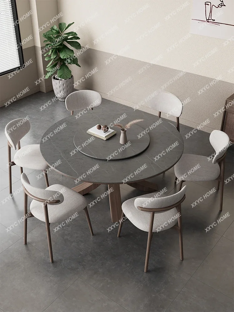 Matte Stone Plate round Dining Table with Turntable 6-Person Dining Table Household High-End Ash Wood Round Table