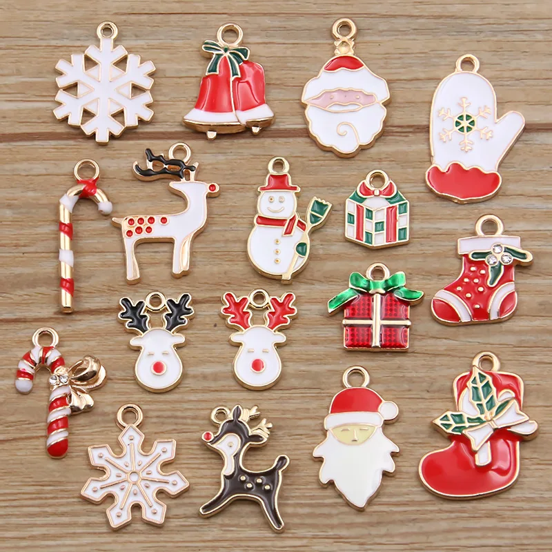 10Pcs 18 Styles Mix Size Alloy Metal Drop Oil Christmas Series Charms Pendant For DIY Bracelet Necklace Jewelry Making