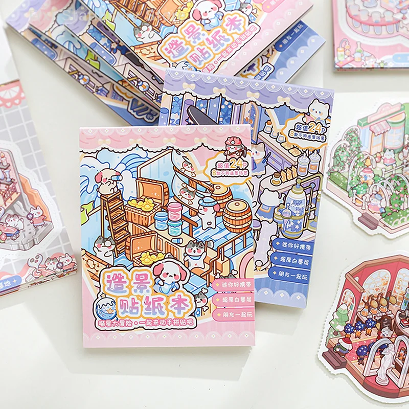 24Pcs/bag Zoo Small Group Meow Meow Adventure Series Scenery Sticker Book Three-dimensional Scene Miniature Sticker Handbook DIY