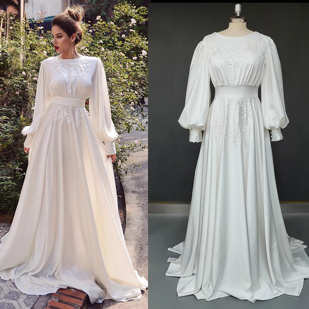 Mangas compridas puff chiffon muçulmano vestidos de casamento em torno do pescoço sem costas appliqued plus size elegante cetim árabe dubai vestidos de noiva