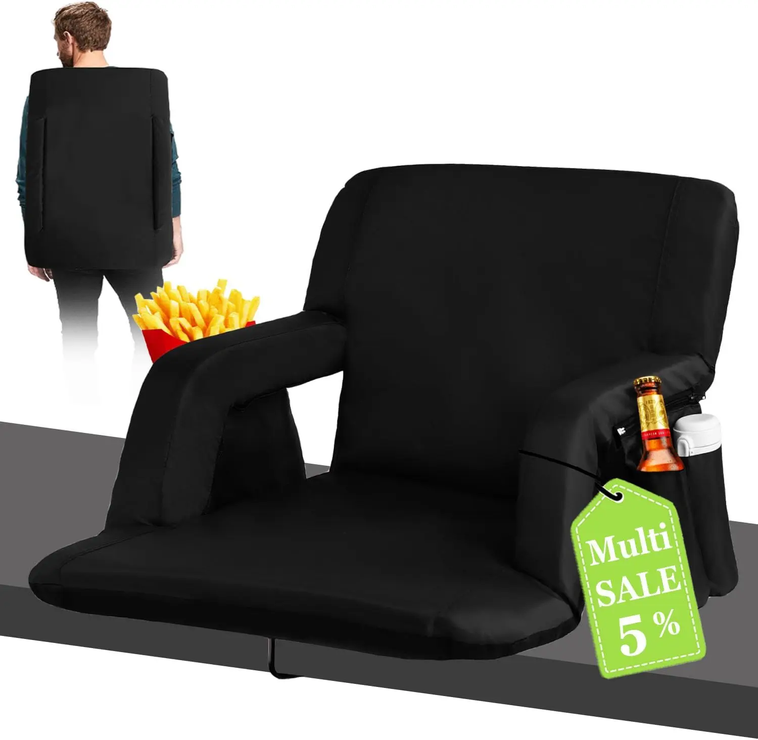 

Portable Folding Stadium Chair with 6 Recline, Black Backrest Cushion & Cup Holder for Games, Camping, Concerts – 3 Heat Setting