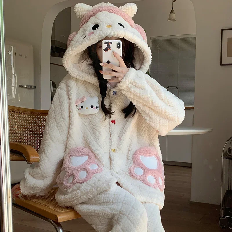 Sanrio pajamas winter warm two-piece set Hello Kitty loungewear Sanrio pajamas pants set winter white Hello Kitty pajamas