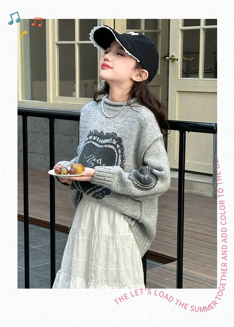 Modischer Langarm-Pullover für Mädchen mit Herz-Motiv, Grau, Herbst-Kinderpullover für Mädchen mit Herzen, Baby-Strickpullover – Detail 5