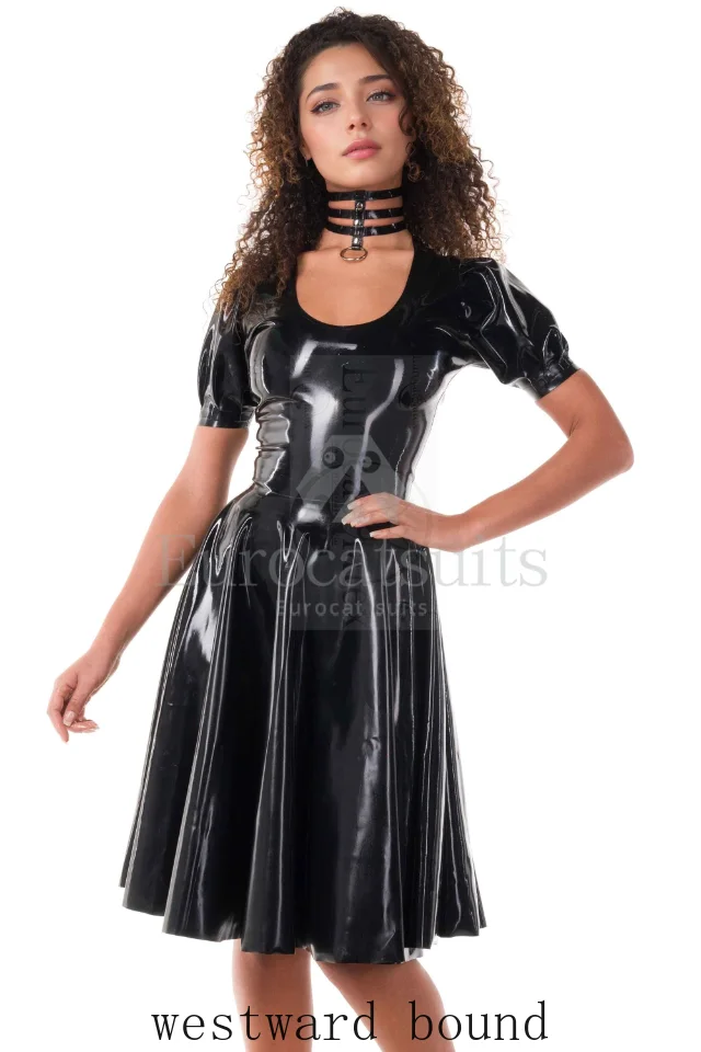 

customized latex eurocat black latex dress puff sleeves flared skirt choker costume handmade rubber clubwear cosplay