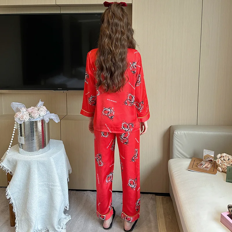 Lapel Printed Satin Women Pajamas Set Summer Sleepwear Long Sleeve Shirt Trouser Elastic Waist Pijamas Suit Homewear