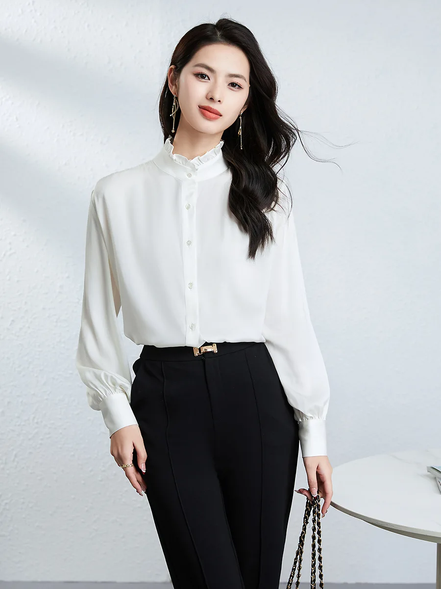 윈슬레터-19MM 92.3% 실크 7.7% 스판덱스 우아한 셔츠, 스탠드 러플, 여성 기품 출퇴근 블라우스, 2025 가을 신상 T59333CC