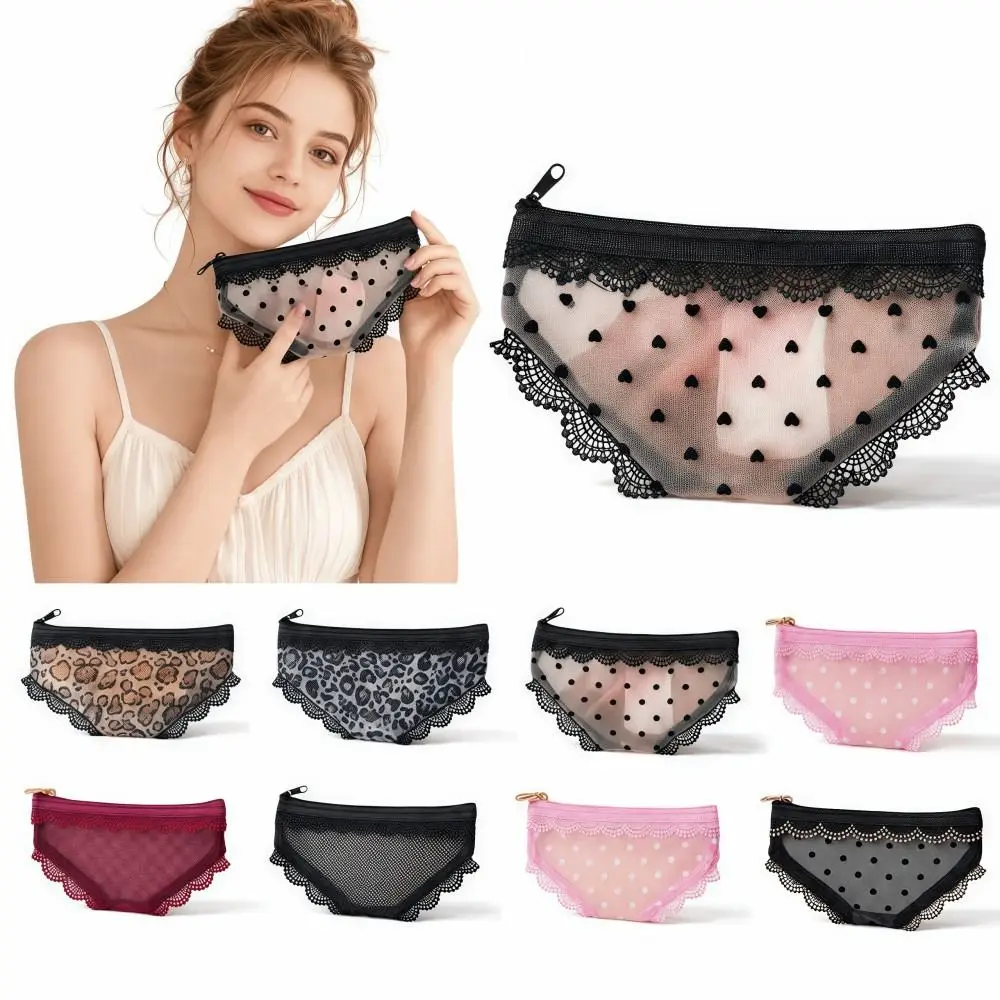 Creativity Briefs Shape Cosmetic Bag Lace Heart Transparent Makeup Storage Pouch Y2K Mesh Toiletry Bag Storage for Travel