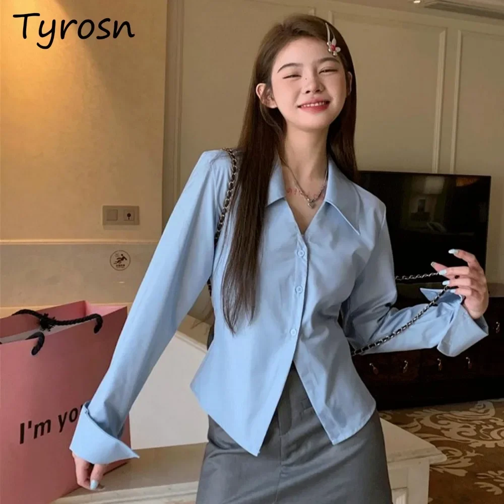 Shirts Women Simple Office Lady V-neck Fitness Mature Temperament Long Sleeve Turn-down Collar Spring Korean Style Slim Waist