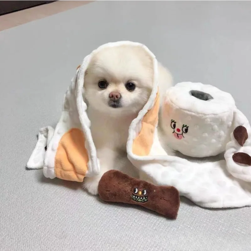 Pet Dog Simulation Toilet Paper Pet Toy Poop Picking Suit Dog Plush Toy Cat Hidden Food Squeak Interactive Supplies