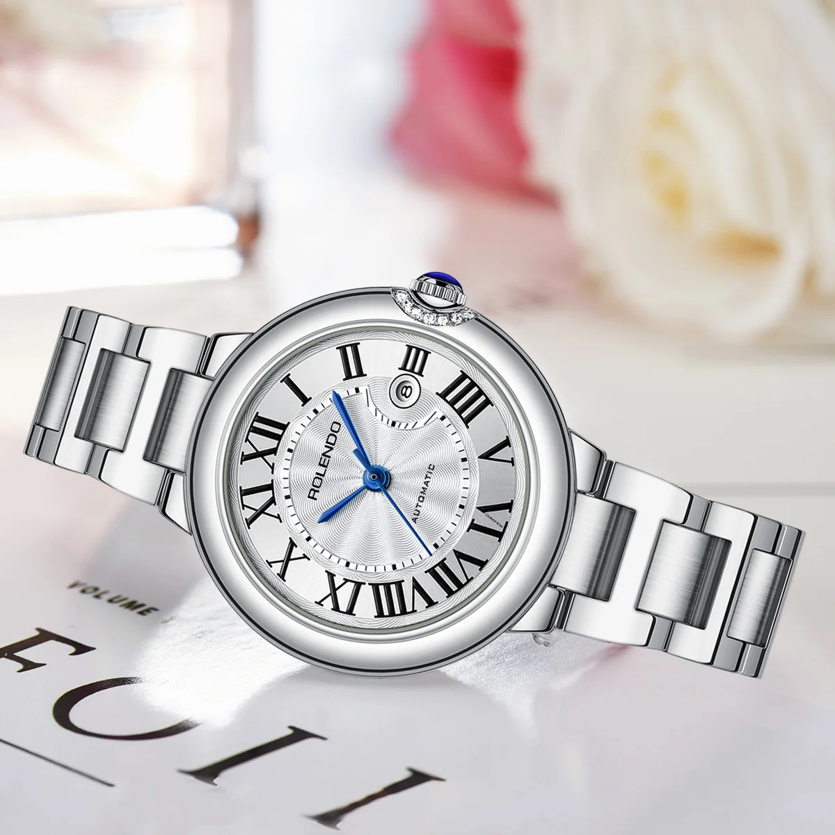 ROLENDO Blue Balloon Women's Mechanical Watch 33mm Sapphire Glass Silver Stainless Steel Water Resistant 30M Date Display Luxury