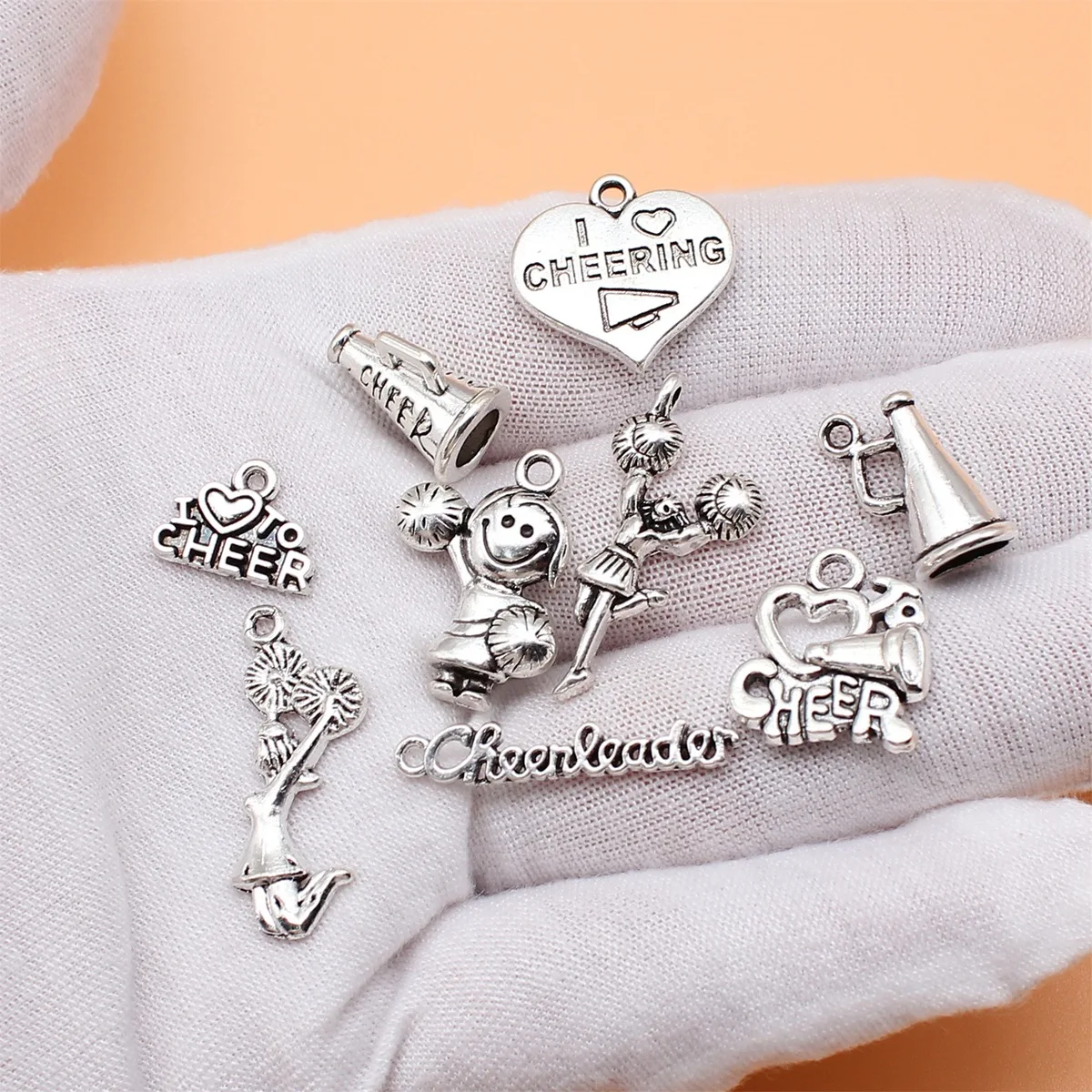 9pcs Antique Silver Color Cheerleaders Charms Collection For DIY Jewelry Making, 9 Styles, 1 of Each