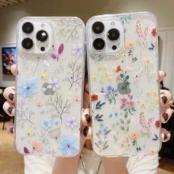for iPhone 17 16 15 14 13 12 11 Pro Max XS XR SE 8 Plus Case Cute Real Dry Flower Anti-scratch Glitter Clear Epoxy Cover Funda