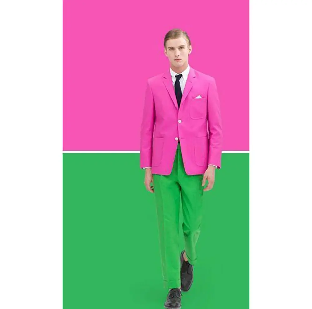 

New Fashion Pink Jacket+Green Pants 2 Pieces Handsome Slim Celebrity Wedding Formal Work Causal Tailored Set