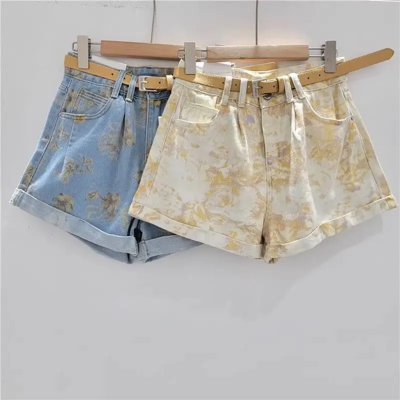 

2025 New Fashion Flower Print Denim Wide-leg Shorts Women's High Waist and Thin Casual Denim Shorts
