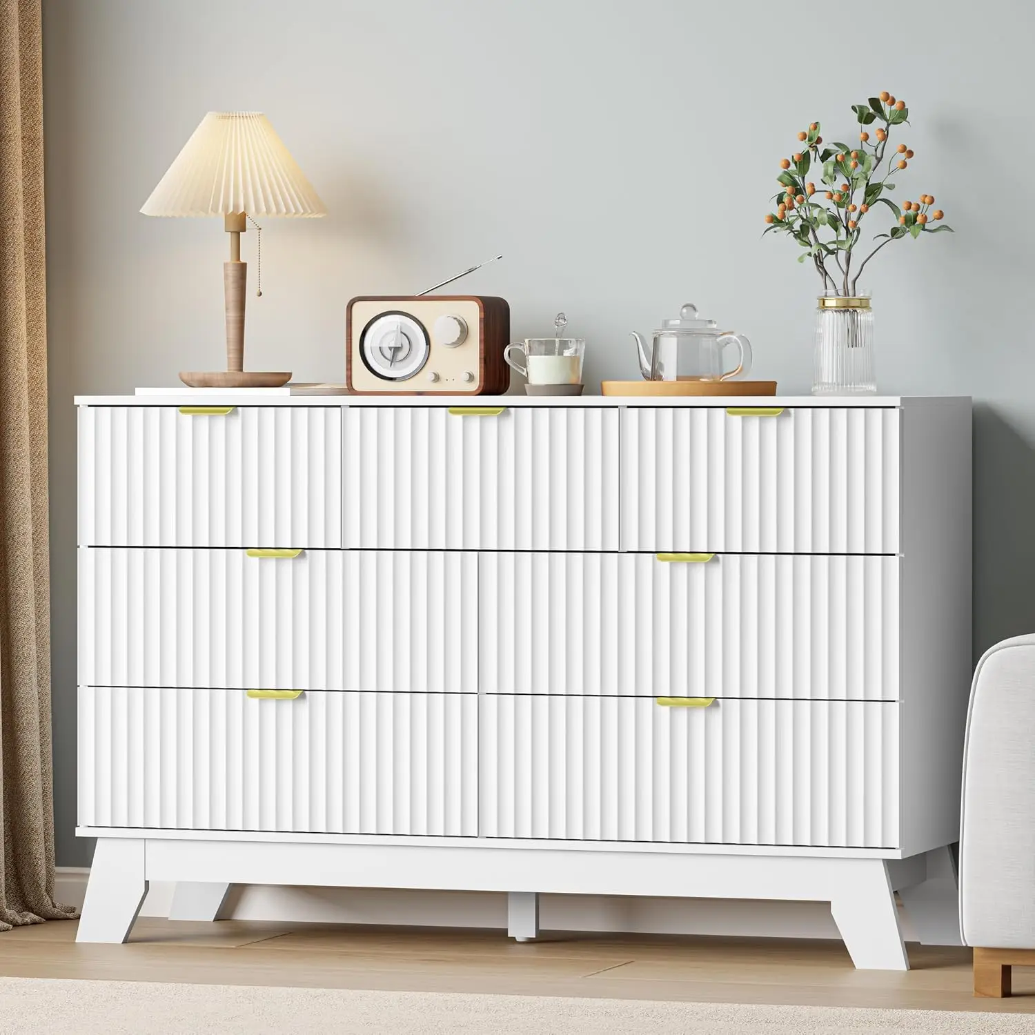 White 7-Drawer Fluted Wooden Dresser with Metal Handle, 47''W Storage Cabinet for Bedroom Living Room Hallway, Customized