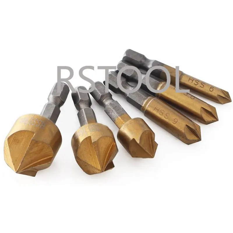 Chuôi Lục Giác Mũi Khoan Mũi 6-19Mm Bộ Phủ Titan 5 Sáo Khoét Lỗ 90 Độ Gỗ Chamfering dao Cắt