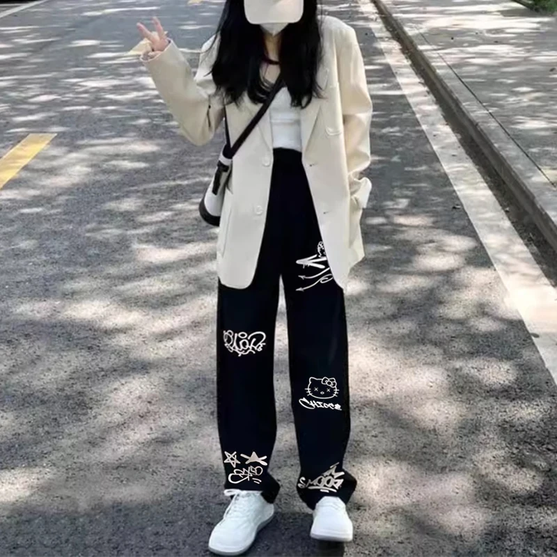 

2024 outdoor casual pants printed women's summer loose straight tube elastic waist wide leg casual pants